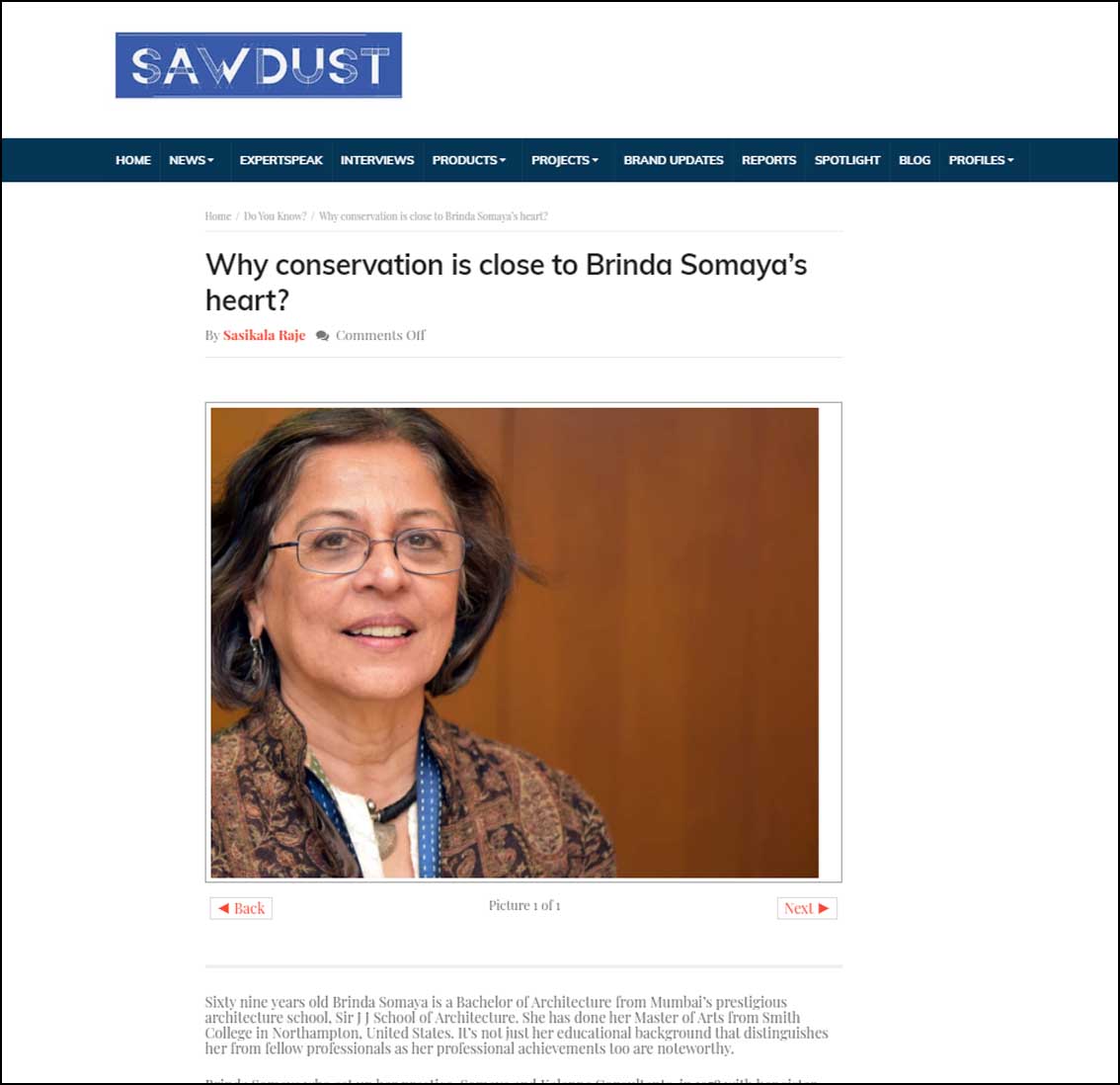 Why conservation is close to Brinda Somaya's heart?, Sawdust - April 2019